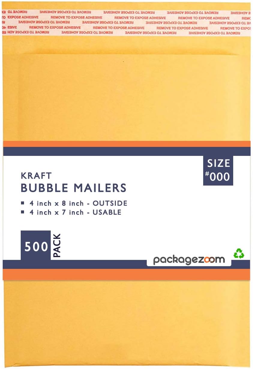 PackageZoom #000 4x8 Padded Envelopes Kraft Bubble Mailer Shipping Envelopes 500 Pack