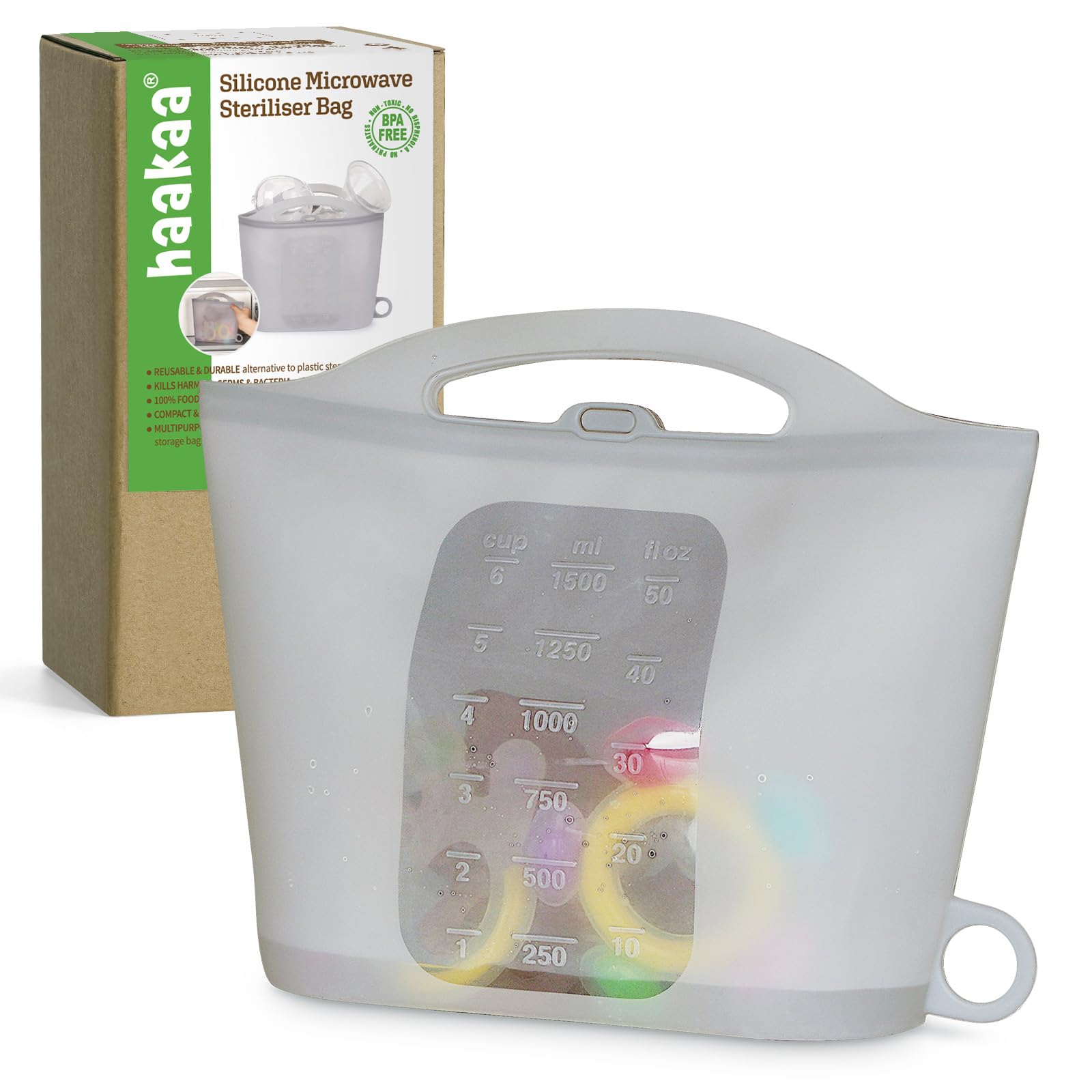 haakaa Silicone Microwave Sterilizer Bag for Baby Bottles, Reusable Silicone Sterilizing Bags for Breast Pump Accessories, Pacifiers, and Teethers, Ideal Travel Bottle Sterilizer, Grey, 1PC