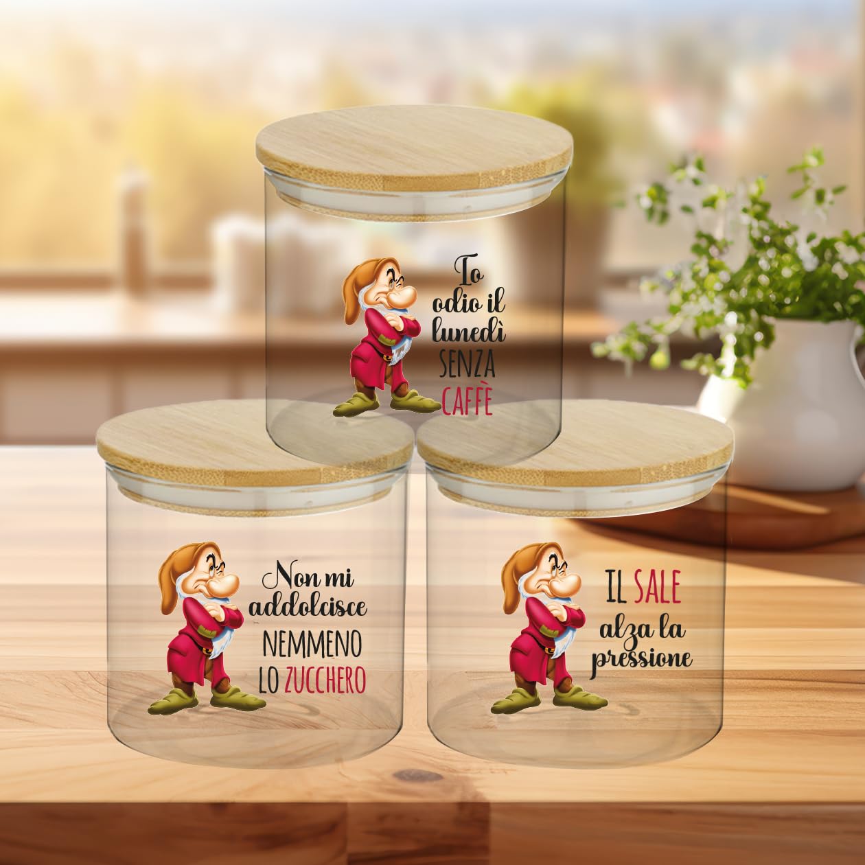 Generico Set di 3 Barattoli Trasparenti in Vetro per Sale, Zucchero e Caffè - Rustico Elegante - Idea Regalo per Arredare e Decorare la Cucina - Piccolo