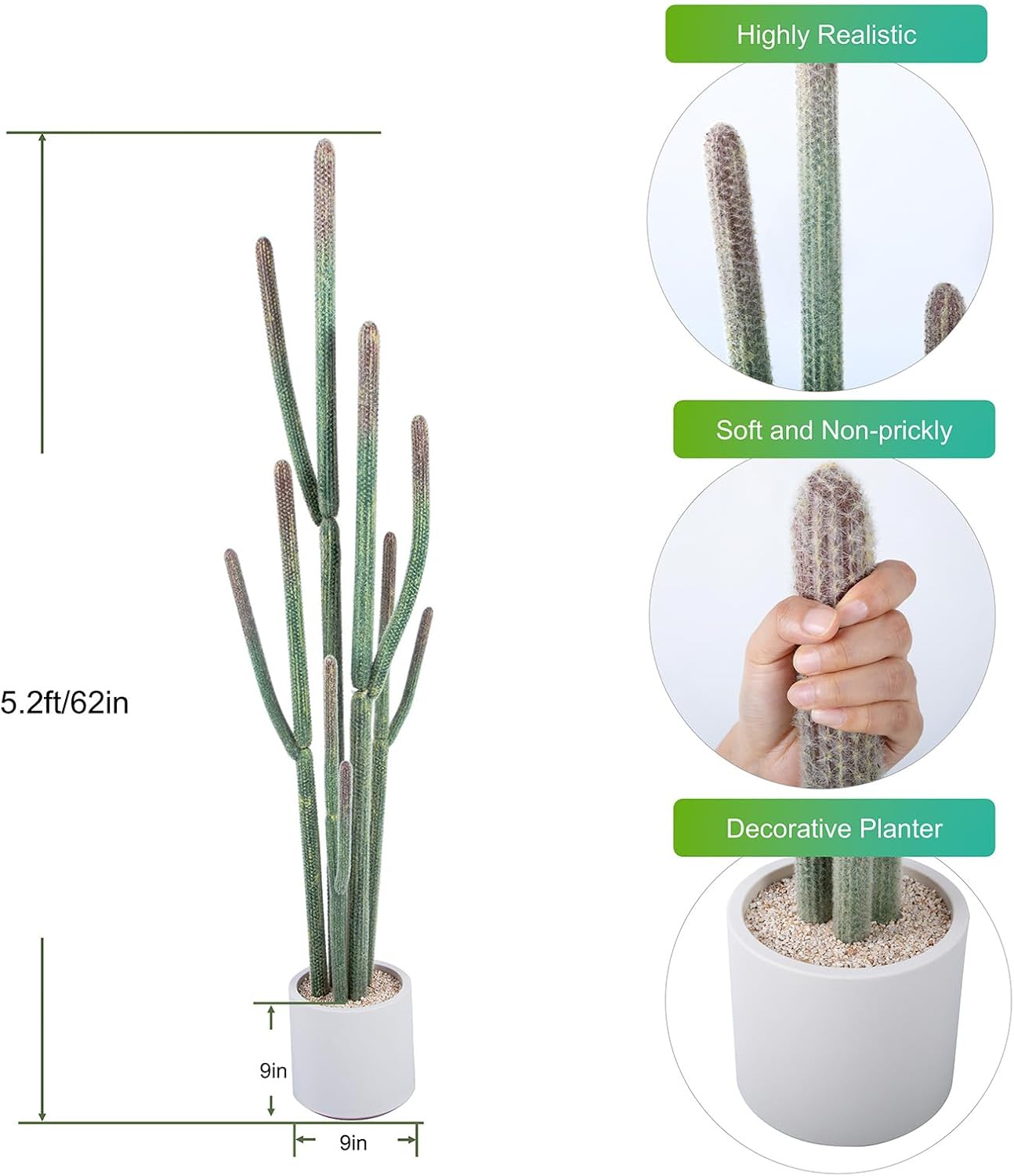 Nafresh Tall Faux Cactus Plant，62in Realistic Texture Tall Fake Plant, Artificial Cactus Large with White Planter Indoor Outdoor for Home Office Living Room Bedroom Foyer Porch Decor. - Image 3
