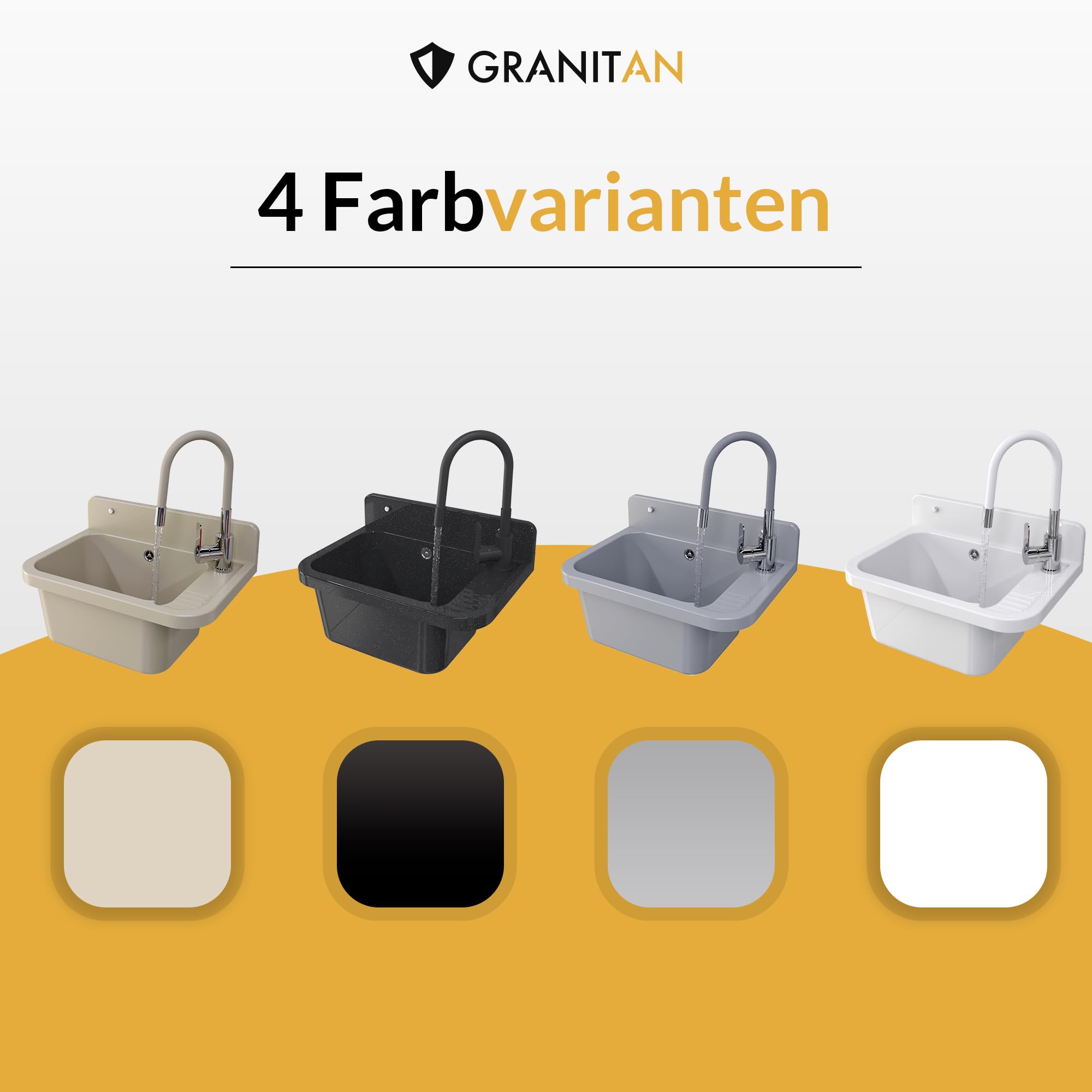 Lavabo Universel avec Siphon et Robinet de Lavabo Flex - 50x34x31 cm - Évier Exterieur pour Garage et Cave - Montage Mural - Noir - Granitan