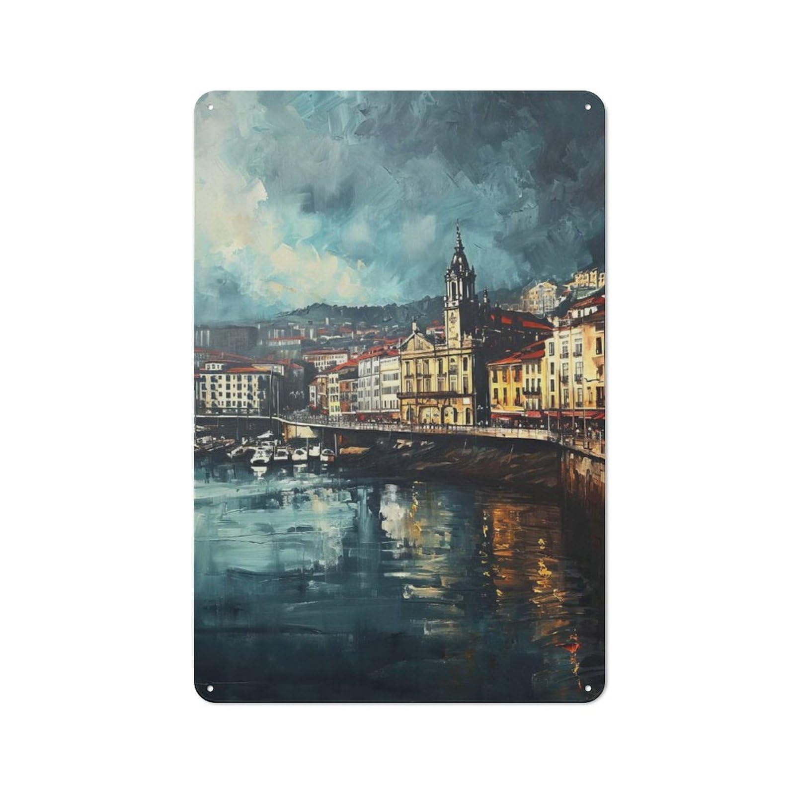 Workshop Style Garage Metal Sign 30x20cm Featuring Cityscape Painting with River Reflection, Industrial Wall Art for Garage, Hobby Room, Office Or Man Cave