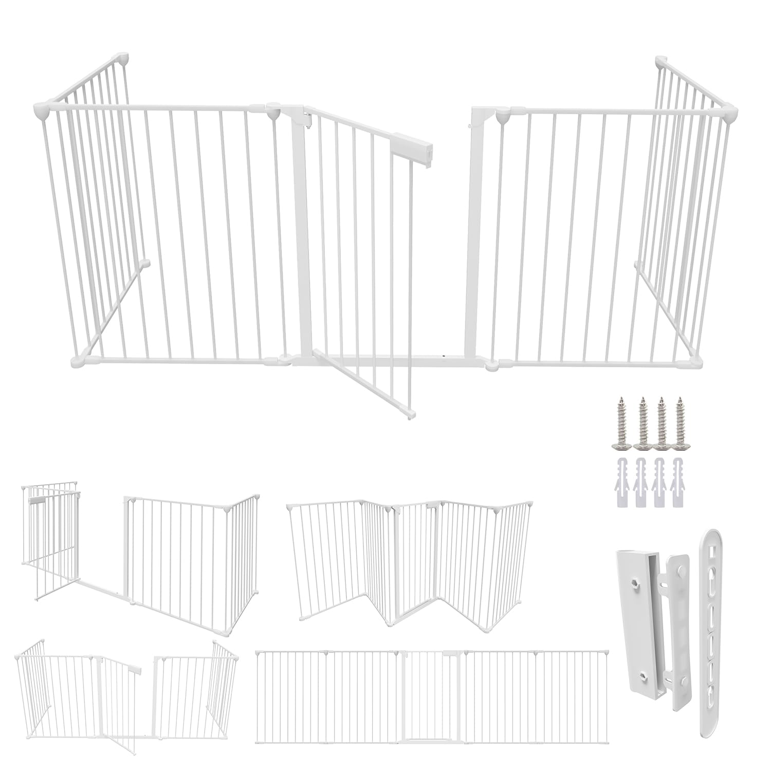 Kaminschutzgitter 310cm Metall, Ofenschutzgitter, Kinderschutzgitter 5-teilig, Absperrgitter mit Türschloss, Treppenschutzgitter für Kinder und Haustiere-Sicherung, je 65 x 75 cm(Weiß)