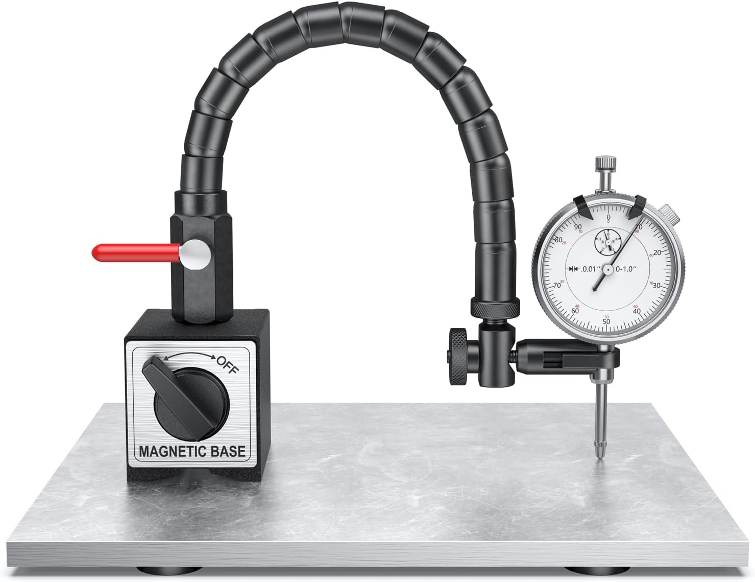 HDLNKAK Dial Indicator 0-1'' with Magnetic Base, Dial Indicator Tools Set for Alignment, 0.001" Accuracy Measurement Tool with Flex Arm Base and Indicator Combo（ White Dial Indicator）