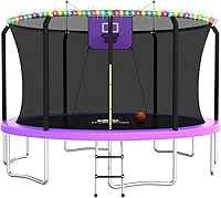 ACWARMHOME 8-16FT Outdoor Trampoline with Basketball Hoop, LED Lights, Safety Net & Ladder - ASTM Certified for Kids & Adults
