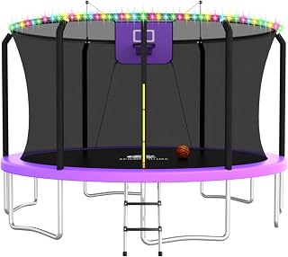 ACWARMHOME 8-16FT Outdoor Trampoline with Basketball Hoop, LED Lights, Safety Net & Ladder - ASTM Certified for Kids & Adults