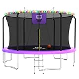 ACWARM HOME Trampoline Outdoor 8FT 10FT 12FT 14FT 15FT 16FT Trampoline with Basketball Hoop and LED Lights, Recreational Trampolines for Kids and Adults with Net and Ladder, ASTM Approved