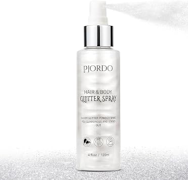 Pjordo Body Glitter Spray, Silver Glitter Spray for Hair Body and Clothes, Shimmer Spray, Glitter Spray Highlighter Makeup for Festival Rave Stage Concert Party 4FL.OZ