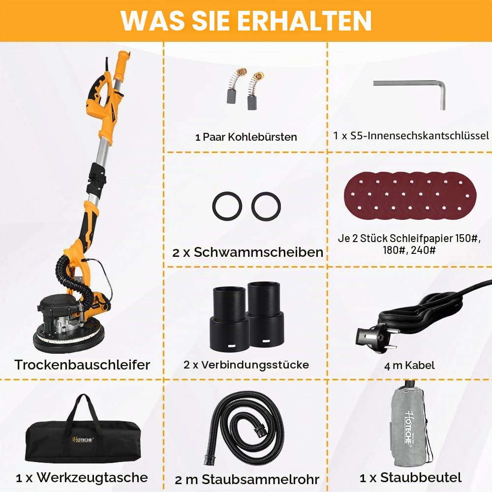 Hoteche 800W 225MM Trockenbauschleifer Wandschleifer mit Absaugung Langhalsschleifer 220-240V 50/60Hz 800-1800 rpm faltbarer verlängerbarer Griff LED Licht Selbstansaugend und Zubehör