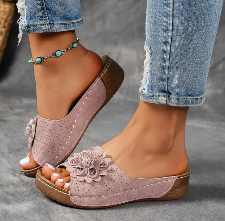 Breathable Orthopedic Open-Toe Slippers for Women, Flower Sandals Arch Support Leather Wedge Platform Sandals4