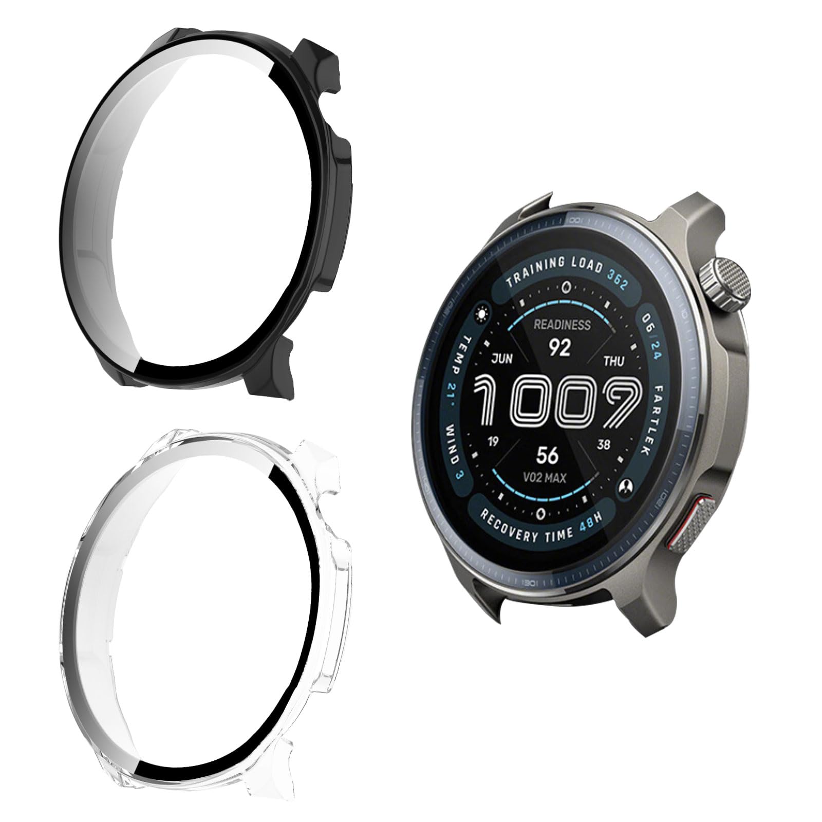 Funda para Amazfit Balance 2 Protector, 2 Piezas PC Dura Protector Carcasa, Cristal Templado de Pantalla, Antigolpes HD Anti Arañazo Protección Carcasa - Transparente + Negro