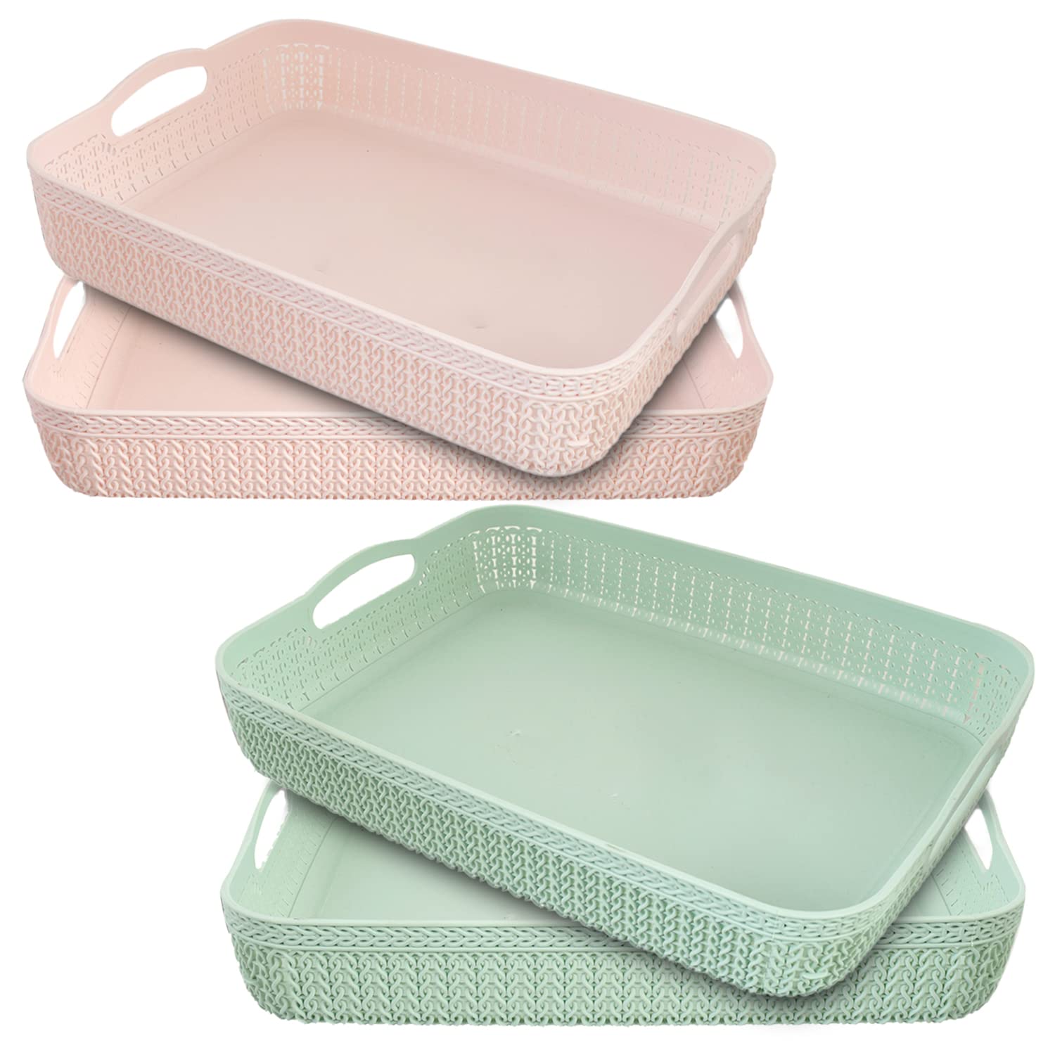 Kuber Industries Q-3 Designer Plastic Storage Basket For Store Fruits, Vegetables, Magazines, Cosmetics, Stationary Pack of 4 (Green & Pink)-50KM01544