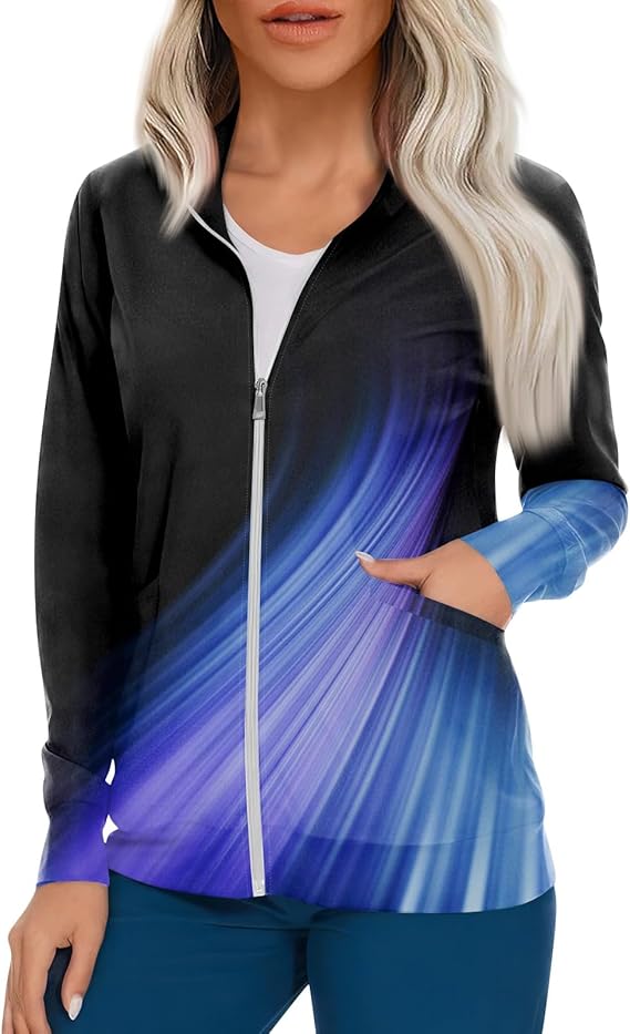 Scrub Jackets for Woman Zip Up Long Sleeve Tops Print Plus Size Womens Scrubs for Women Nursing Shirts with Pockets