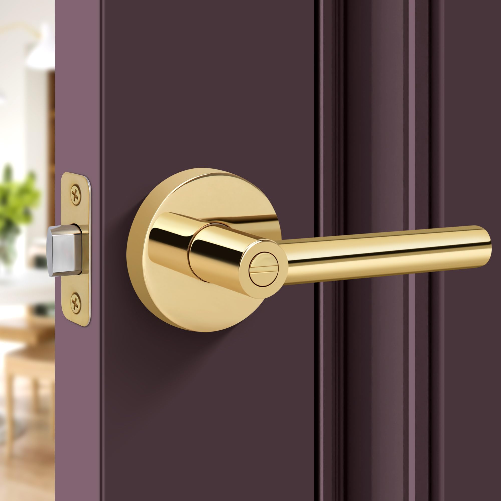 Gaurqiah Privacy Door Lever, Heavy Duty Door Handle,Thumb-Turn Locking Inside,Round Design Reversible Door Lock for Hallway or Bathroom-Polished Brass