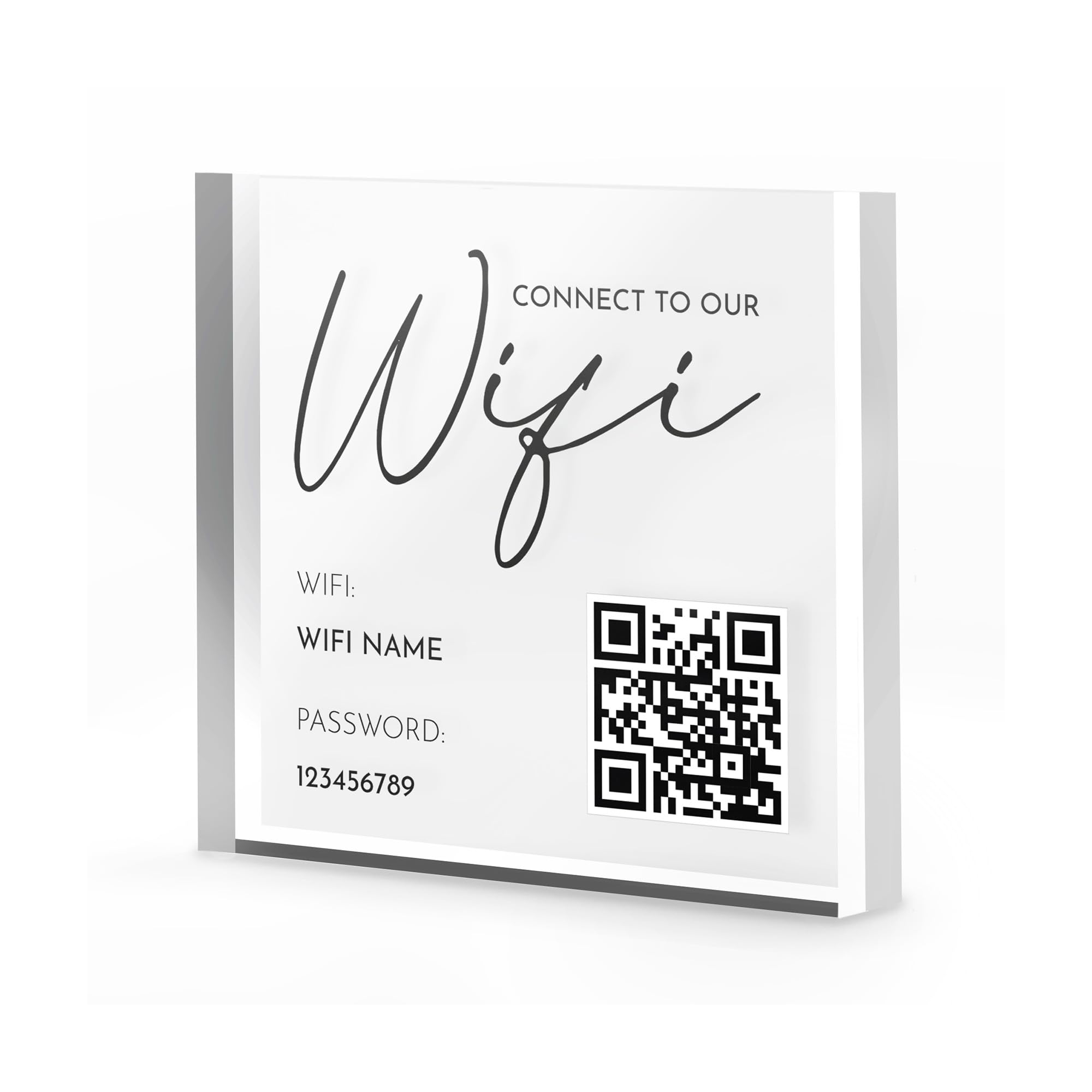Wifi Acrylic Block Plaque with Password Info and QR Code Office Cafe Shop Internet (Square (100mm))