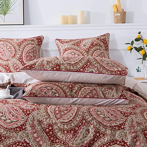 Fadfay Paisley Duvet Cover Set Reversible Patterned Comforter Cover Sets Red And Beige Mixed 100% Cotton Zipper Bedding Skin-Friendly All-Season Use (3 Pieces, Full Size) #TOP2