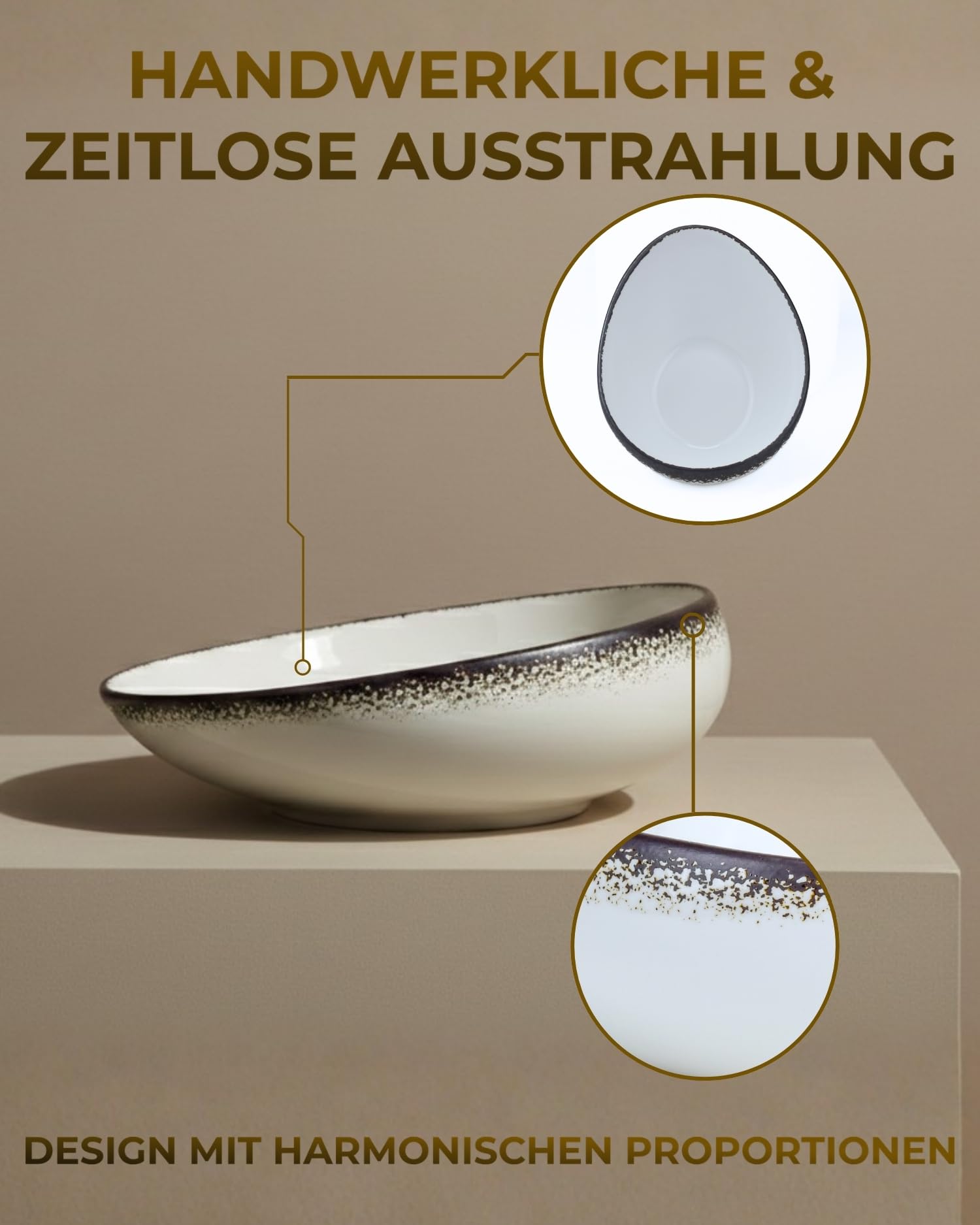 BRICARD Royan Porzellan-Geschirrset 25-teilig Weiß/Braun mit gesprenkeltem Rand – Tafelservice für 6 Personen – Teller & Schalen Set, stapelbar – mikrowellen-, backofen- & spülmaschinengeeignet
