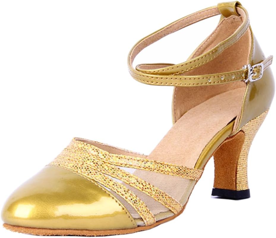 Honeystore Women's Ankle Strap Buckle Synthetic Patent Leather Dance Shoes Gold 7 B(M) US