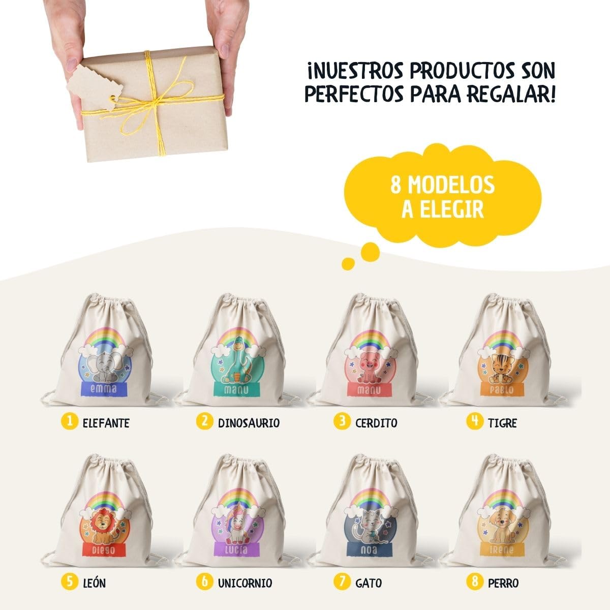 Mochila Personalizada Algodón Diseño Infantil Bolso Saco con Cuerdas Hecho en España