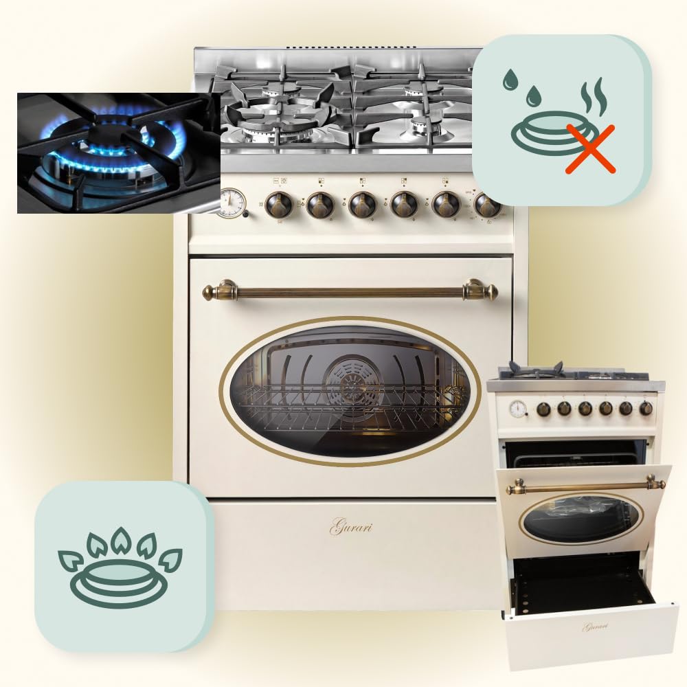 GURARI GCH G 614 CR kuchenka gazowa z piekarnikiem gazowym, 60 cm, obrotowa, analogowy timer z funkcją STOP, szuflada z funkcją Push-Pull, kontrola gazu, Range Cooker, gaz ziemny/propan