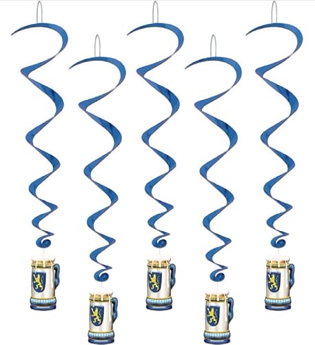 Beistle Beer Stein Oktoberfest Whirls, 5-Count Bavarian Hanging Swirl Decorations, Biergarten Supplies for German Parties Festivals and Drinking Themed Events, 40”