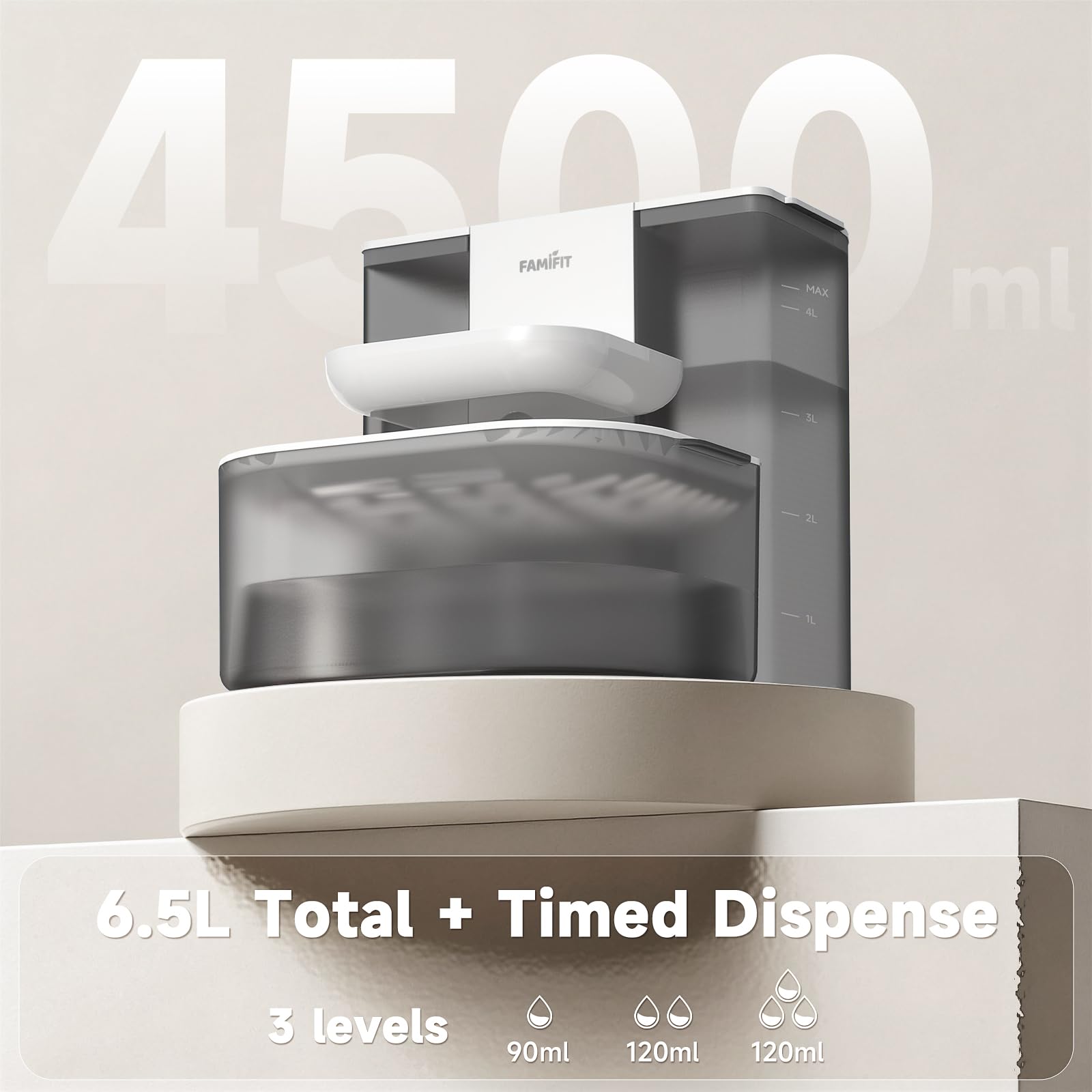 Fuente de agua automática para gatos de 4,5 L + 2 L (sin calefacción), batería de 2000 mAh, temporizador de 3/6/9H y control de 80/100/120 ml, sistema de agua limpia, sin filtro, cuenco de