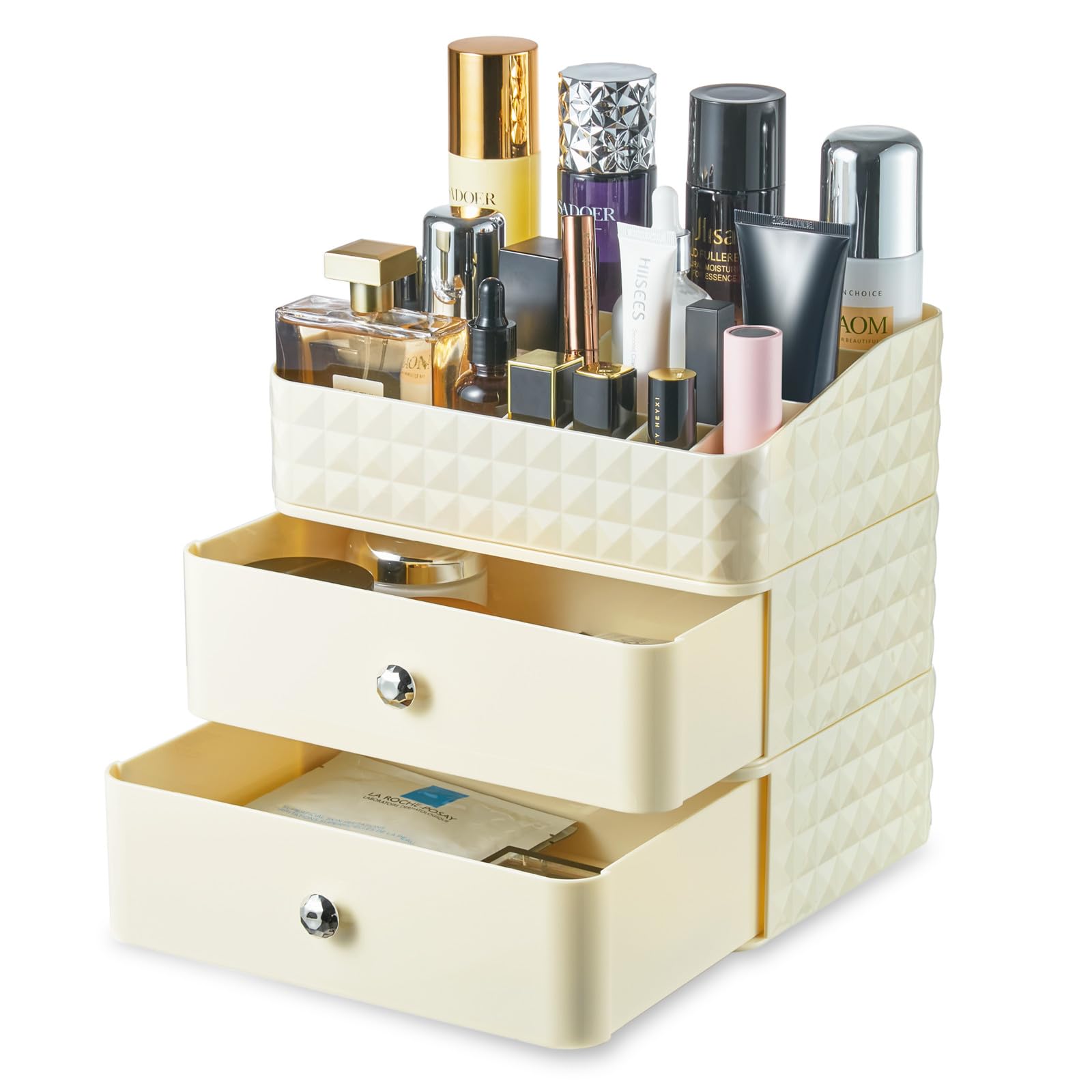 Makeup Organizer for Vanity, Stackable Cosmetics Organizer and Storage, Cosmetic Display Cases with 2 Drawers and 1 Tray for Makeup Brush, Hair Accessories, Lipstick and Jewelry (Beige)
