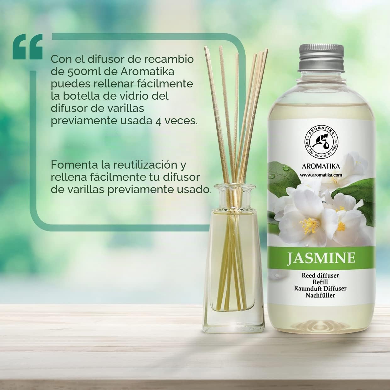 Recarga de Difusor Set Jazmín 2x500 ml - Fragancias de Ambiente Intensas y Duraderas - Difusor para Hogar - Aromaterapia - Recambio de Difusor de Caña - Fragancia para Habitación