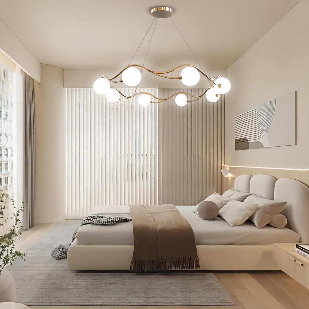 Sala da pranzo dorata Sputnik Vetro bianco Paralume a sospensione lineare Apparecchio di illuminazione a sospensione metà secolo 8 luci per isola cucina Camera da letto Soggiorno Lampada a sospensione