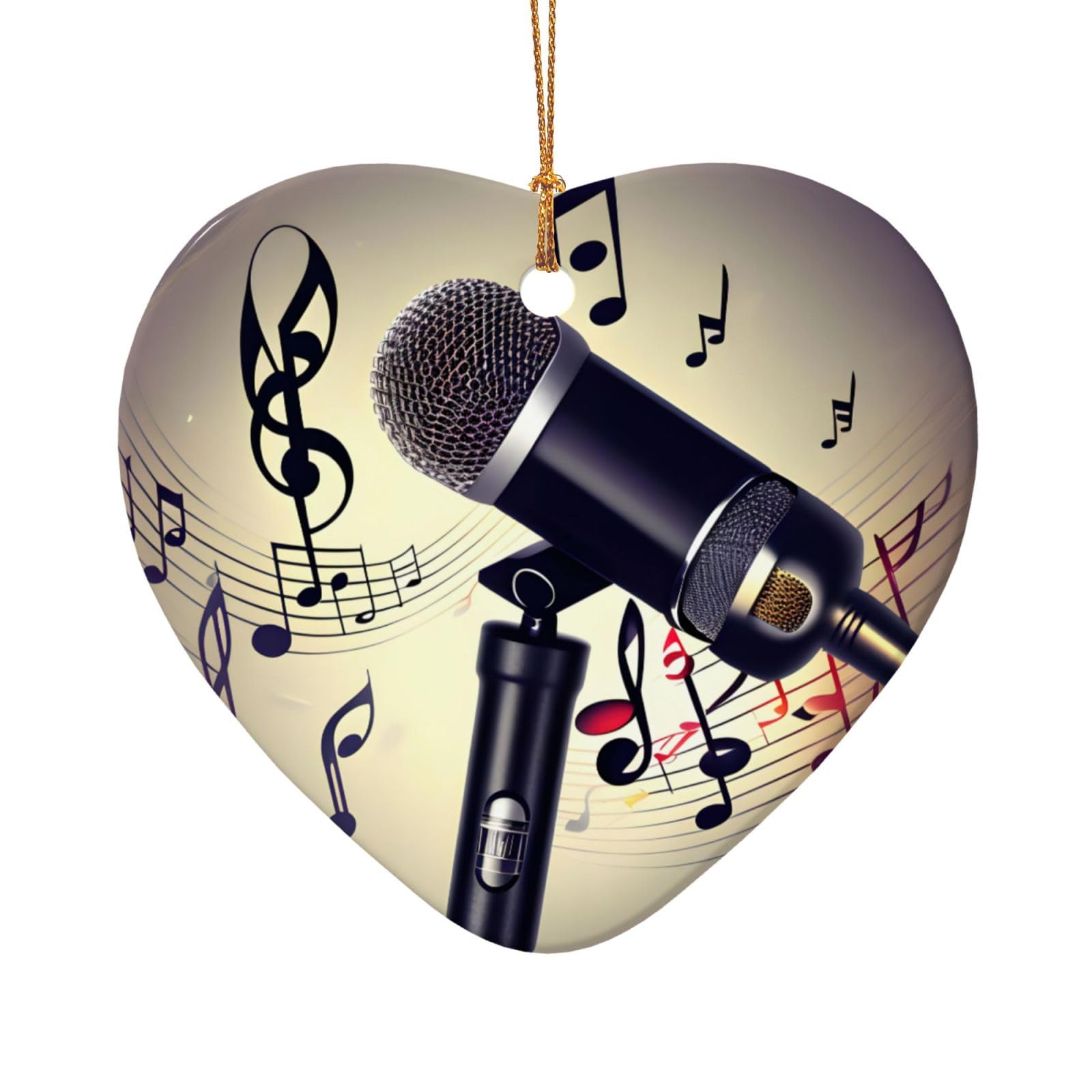 Microphone With Music Note Print Christmas Tree Hanging Ornament, Ceramic Star And Heart Pendant For Xmas Tree Holiday Decor