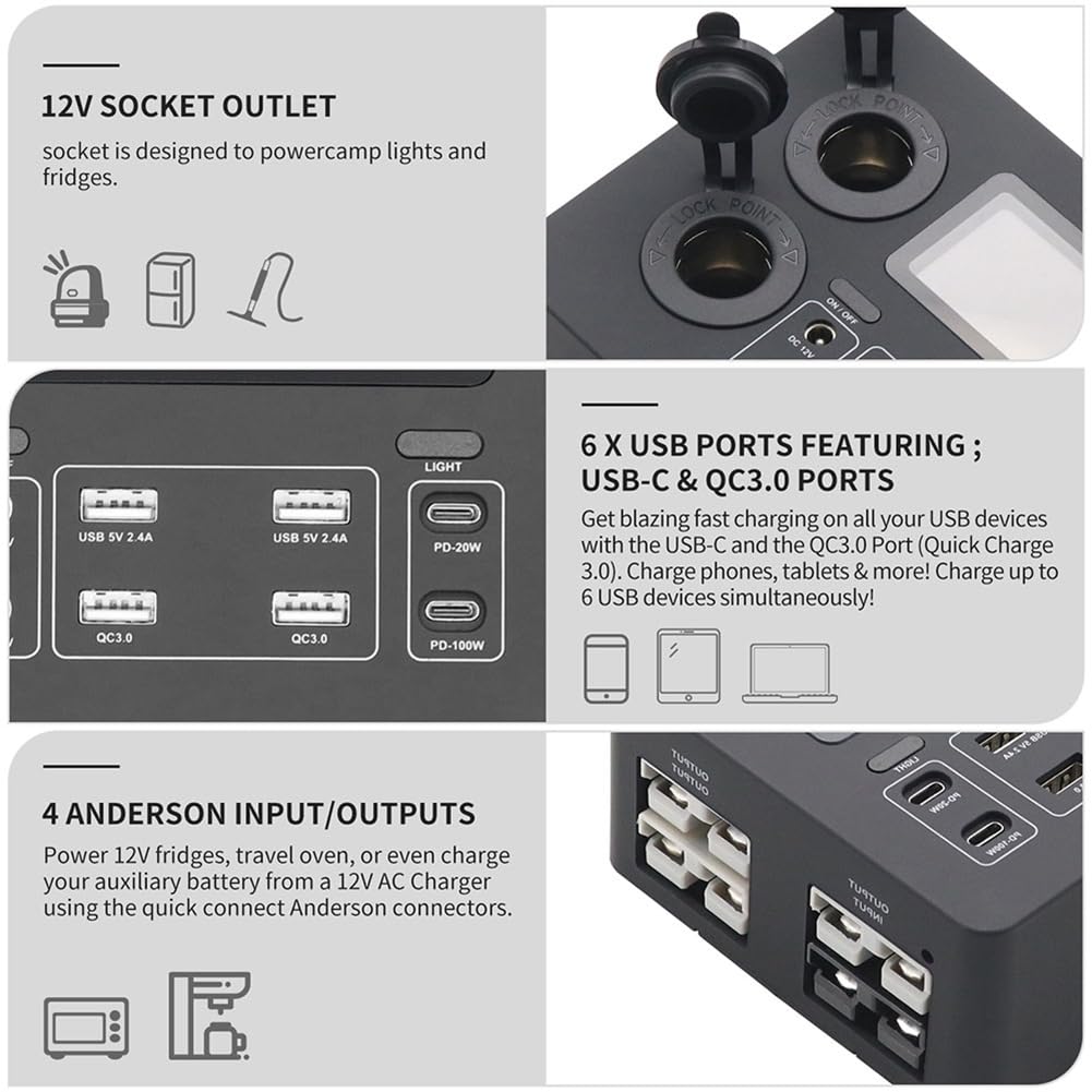 Centro de Control Portátil con Adaptador de Luces LED Mini Power Box con Luces LED 100W para Vehículos Recreativos, Barcos Display Power Box 12V A