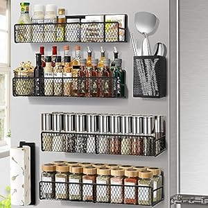 DTUQYX Magnetic Spice Rack, 6 Pack, Black Metal, Refrigerator Organizer, with Paper Towel Holder, Kitchenware Holder, Strong Magnets, Space Saving, Corrosion Resistant