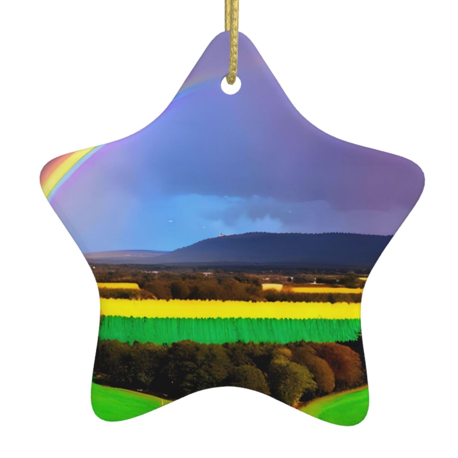 Evening Rainbow Christmas Ceramic Star Pendant with Punched Holes and Gold Wire Rope, Christmas Tree Home Decoration