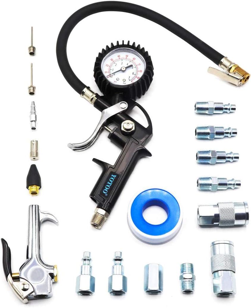 Heavy Duty Air Compressor Accessory Kit 18-Piece, 1/4" NPT Air Tool Kit with 100 PSI Tire Inflator Gauge, Heavy Duty Air Blow Gun and Air Hose Fittings