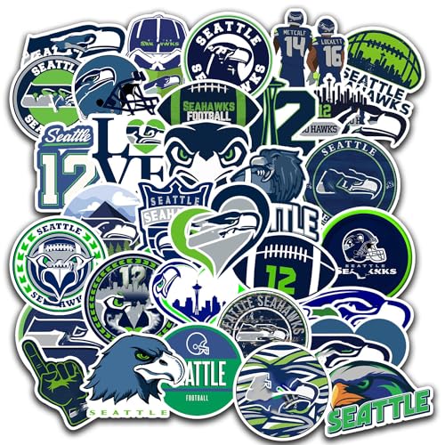 33PCS Seattle Stickers Pack Seahawk Washington Football and Rugby Decals for Water Bottle Laptop Car Helmet Scrapbook Waterproof Vinyl Seattle Gifts for Kids Teens Adults Fans
