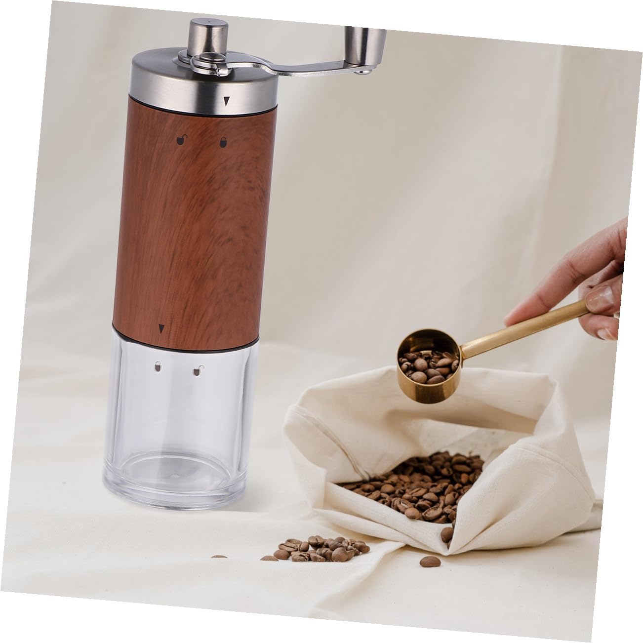 GLEAVI Manual Coffee Grinder Portable Handheld Stainless Steel Burr Grinder Wood Grain for Home and Travel, Multipurpose Nut and Spice Mill, Compact Household Coffee Mill