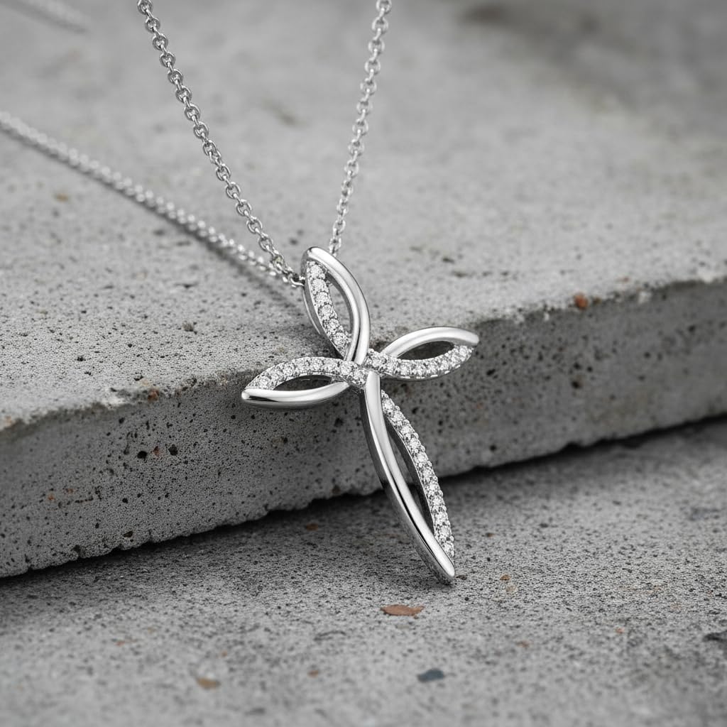 Jewelili Sterling Silver or Yellow Gold over Silver 1/8 Cttw Natural White Round Diamond Cross Pendant Necklace 18 Inches Rolo Chain