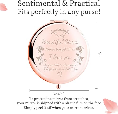 Miniatura 5 de Espejo compacto para regalos para hermanas, para mi hermosa hermana, hermoso espejo compacto de oro rosa, espejo de regalo único para amigas, para