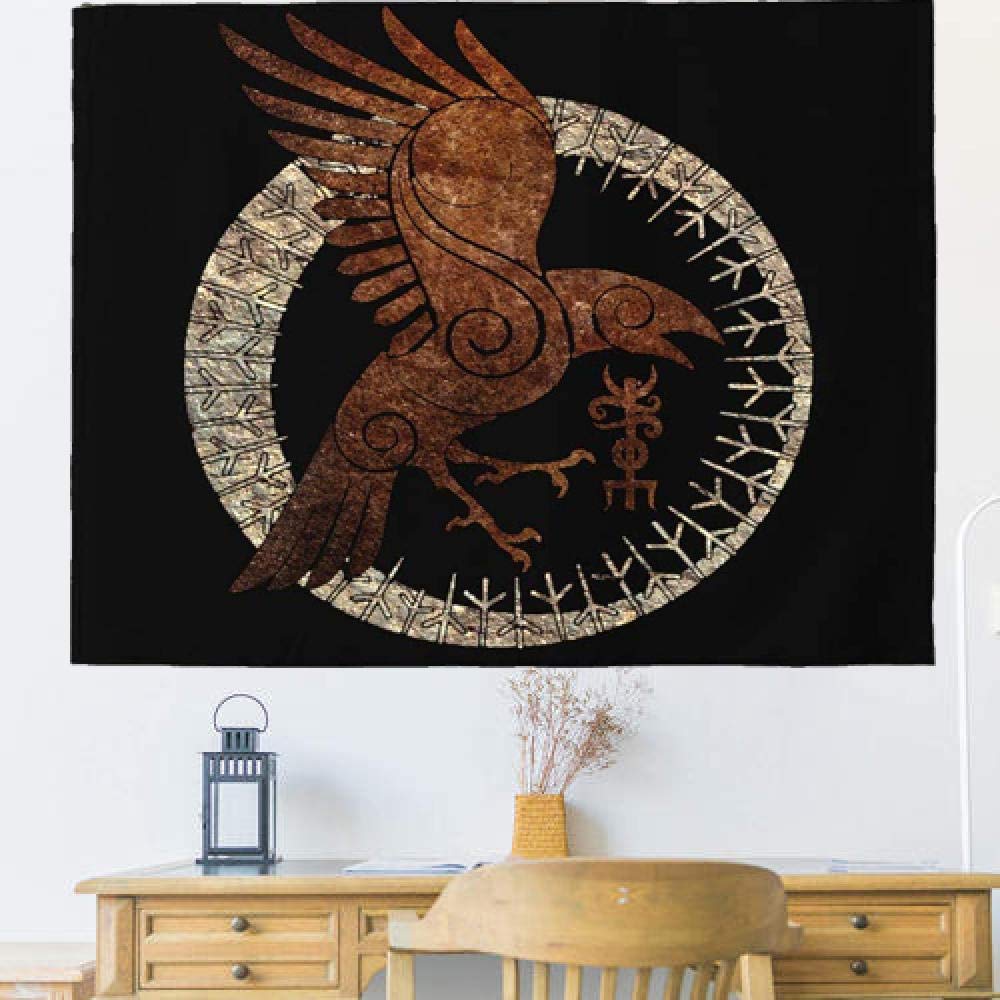 Chenso Ethnique Corbeau Soleil Totem Tapisserie Corbeau Cercle de Runes scandinaves Tatouage tenture Murale Tapisserie Oiseau mythologie revêtement Mural dortoir décoration murale-150x230 cm_Blanc