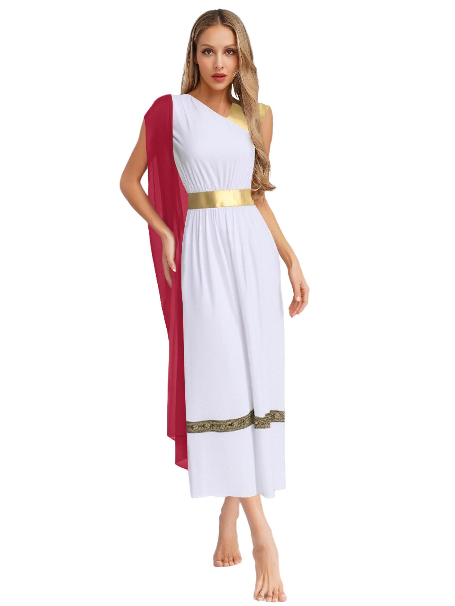 JEATHA Women Greek Princess Costume Sleeveless Tunic Dress Golden Roman Empress Ancient Toga Robe Halloween Costume Burgundy L