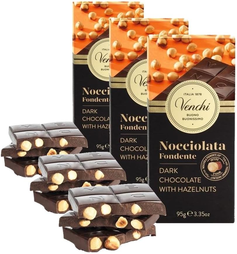 Venchi - Dark 60% Chocolate Hazelnut Bar with Whole Piedmont Hazelnuts, 3.52 oz - Gluten Free - Vegan (60% Dark) (Pack of 3)