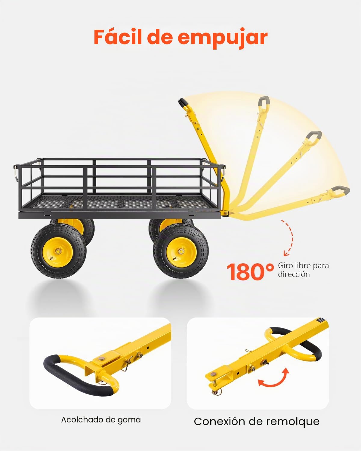 VEVOR 2 en 1 Carrito de Jardín de Acero de 2125 x 750 x 670 mm con Neumáticos Todoterreno de 13", Laterales de Malla Extraíbles y Manija Giratoria de 180°, Carga de 544,31 kg, Amarillo y Negro
