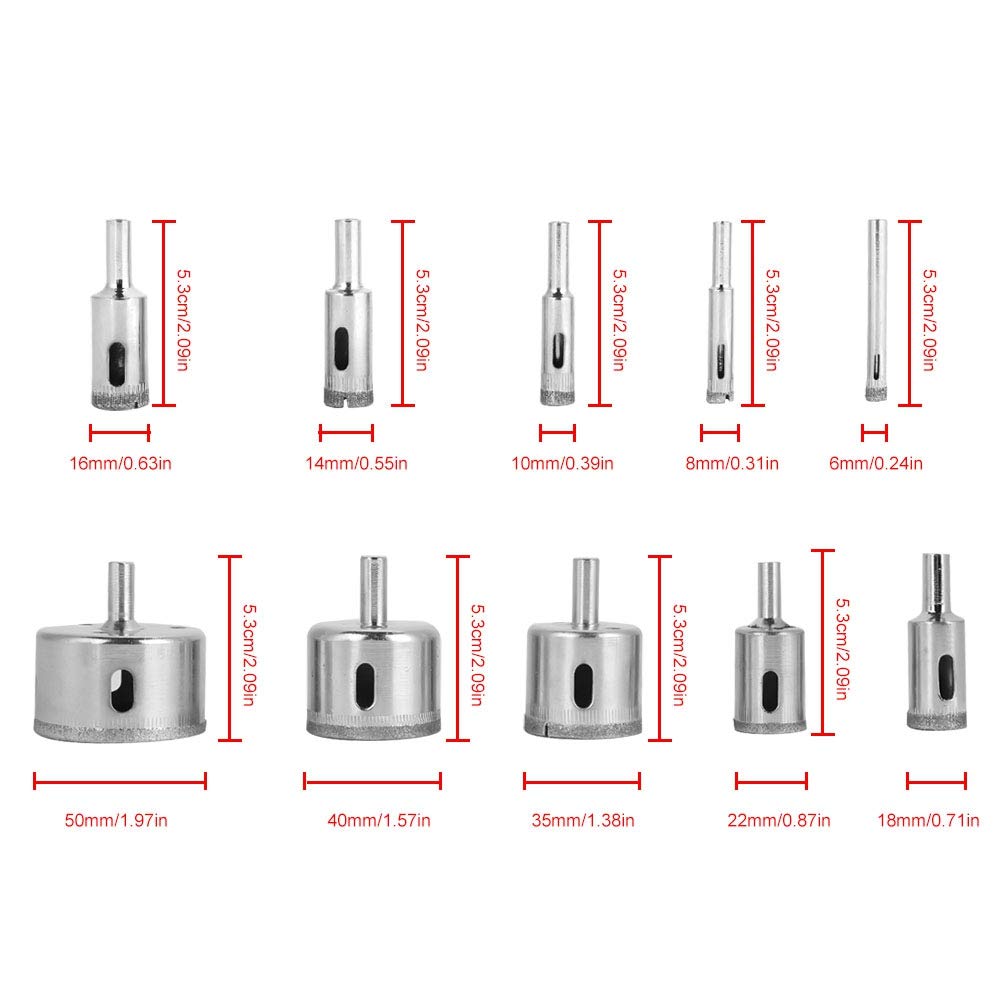 Diamond Coated Core Drill Bit Set Premium High Hardness Wear Hole Saw for Tile Ceramic Glass Porcelain Marble 10Pcs 6mm to 50mm