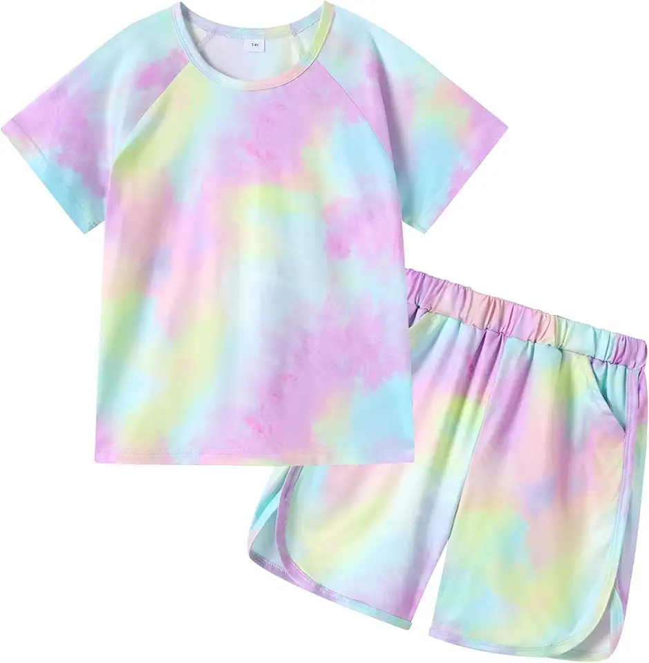 DISAUR Girls Summer Clothes 2 Piece Tie Dye Clothes for Girls T-Shirt and Shorts Set with Side Pockets 4-10 Years