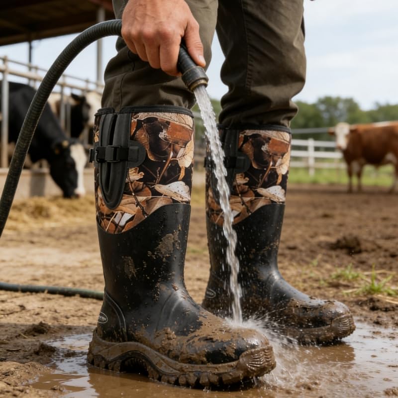Image of Men's Waterproof Rubber Boots - 6mm Neoprene, 15 inch Shaft, Dual-Sole Anti-Fatigue Rain & Mud Boots for Farm & Wet Work, Fishing, Irrigation - Lightweight Soft Toe