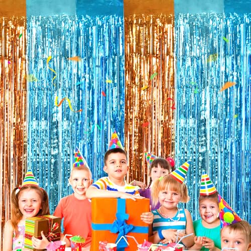 Image of TONIFUL Orange Blue Door Streamers,Blue and Orange Photo Booth Backdrop Metallic Streamers Foil Fringe Curtain for Birthday,New Year,Graduation,Grad,Bachelorette Party Streamers Decoration