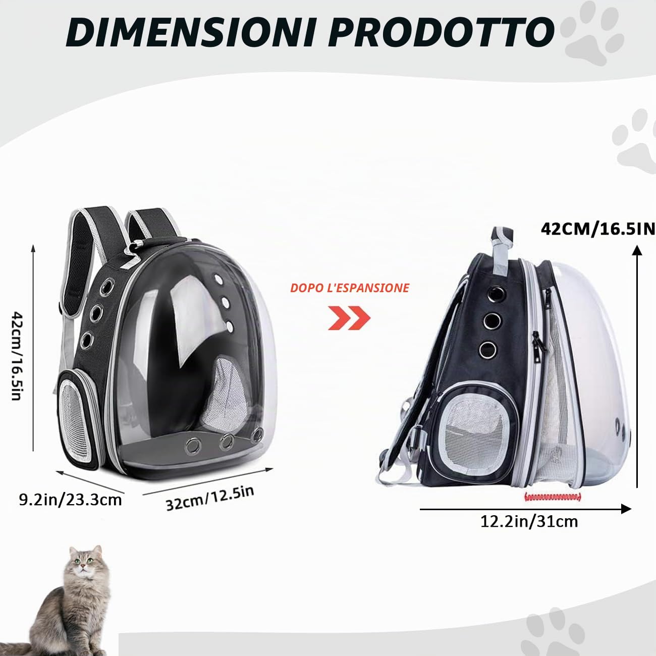 Zaino per Cani Gatti, Grande Porta Animali Espandibile, Zaino a capsula spaziale per animali domestici, con 9 ingressi Zaino Traspirante Porta Cuccioli Pieghevole (Nero, Fronte Espandi)
