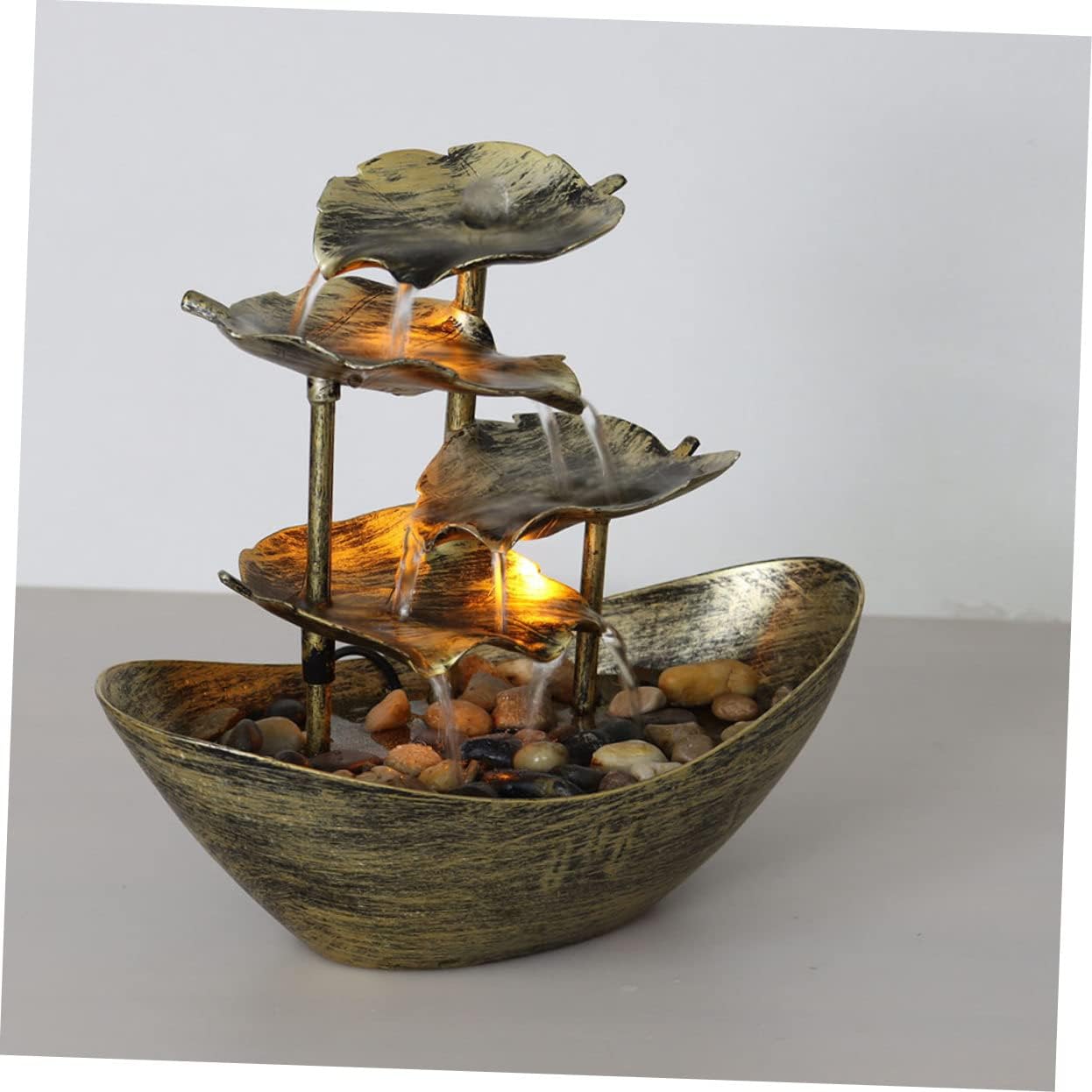 Creative Lotus Leaf Water Fountain LED Lights for Home Decoration Gold Color Decorative Tabletop Waterfall Ornament for Living Room and Entryway