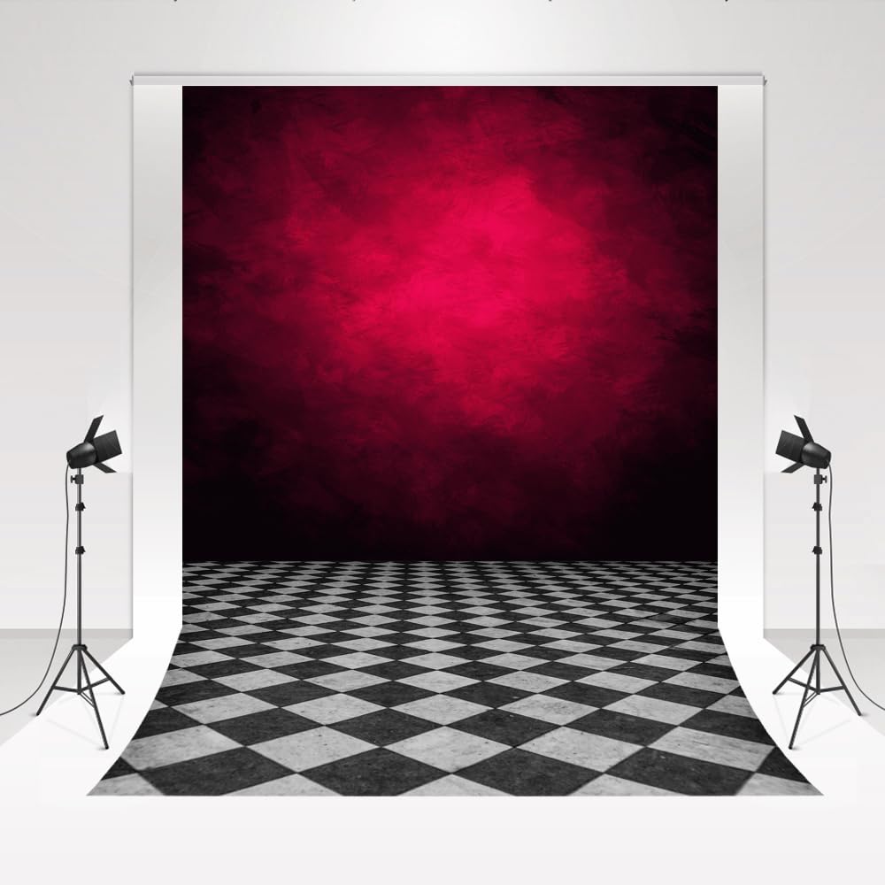 Kate Fondo abstracto vintage de color negro y rojo degradado, tablero de ajedrez, para estudio de fotos, boda, cabina de fotos, accesorios de fotografía, 2,5 x 3 m