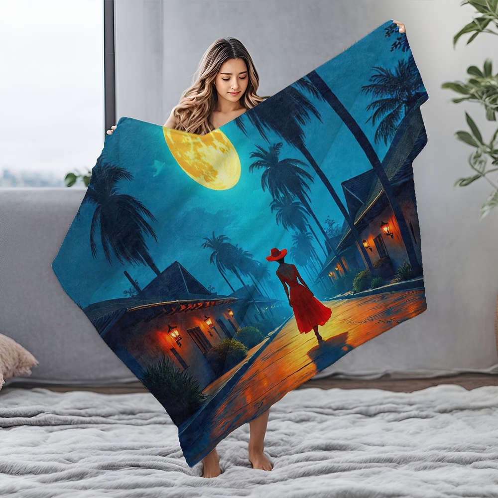 Couverture polaire en flanelle imprimée femme lune palmiers plaid 125x150